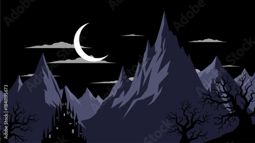 Mysterious dark mountain landscape featuring a spooky castle silhouette under a dramatic crescent moon and wispy clouds
