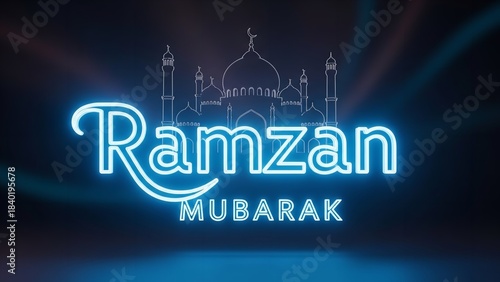 Illuminated Ramzan Mubarak greeting with mosque silhouette and glowing lights