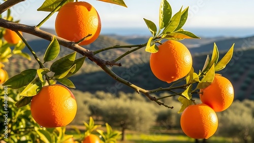 Ripe Oranges on Tree Branch in Sunny Orchard