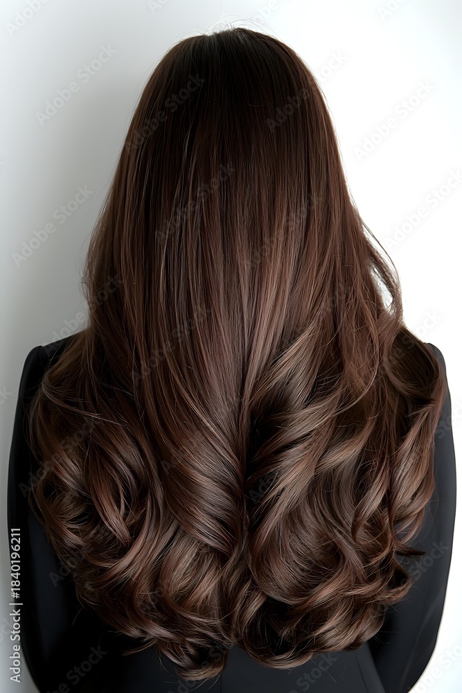 Fototapeta premium Back view of woman with long wavy brown hair showing layered haircut and rich chocolate color tones for salon and beauty styling concepts.