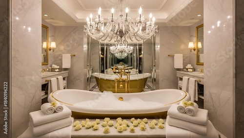 Opulent Luxury Bathroom with Crystal Chandelier and Golden Bathtub