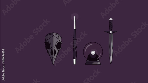 Mysterious dark magic artifacts including a bird skull wand crystal ball and fantasy sword against deep purple