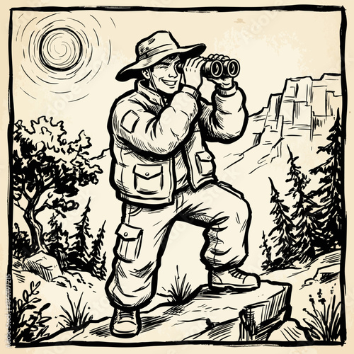 Outline illustration of a playful explorer with wide brim hat cargo pants jacket and binoculars