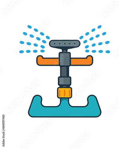 Garden sprinkler watering lawn with water droplets in a cartoon style illustration.