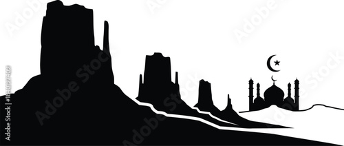 Dramatic silhouette of monument valley desert landscape with crescent moon