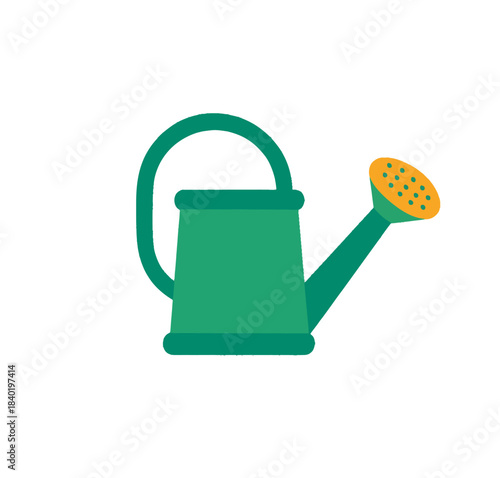 Green watering can with yellow sprinkler head for gardening.