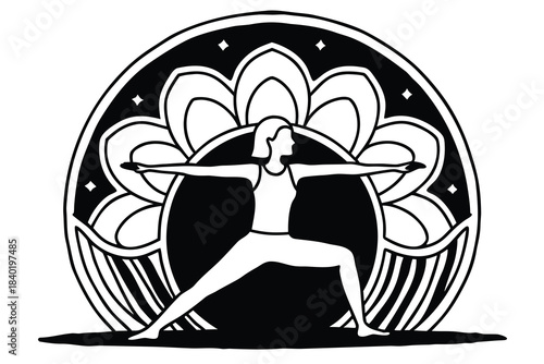 Serene woman in warrior pose calm yoga silhouette graceful fitness illustration