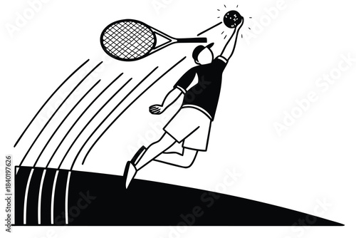Dynamic silhouette of a tennis player in the action of hitting a powerful serve on a court