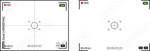 Video camera viewfinder . Camera display full hd format. Video filming screen vector template. Professional camera viewfinder overlay graphics set. Grid, REC status, focus, and video quality icons.