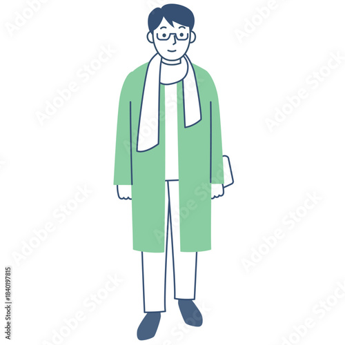 コートを着て歩く若い男性