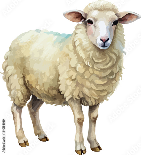 Fluffy Farm Animal White Sheep lClassic Hand Painted Watercolor Vector Illustration