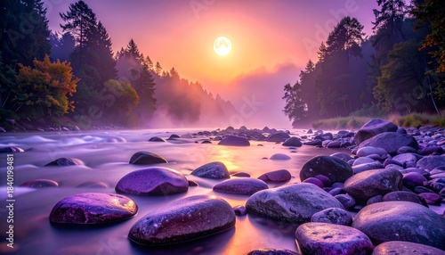 Sunrise over river with rocks and trees in background at early morning