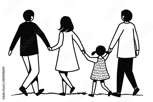 Black silhouette of a happy family walking together outdoors