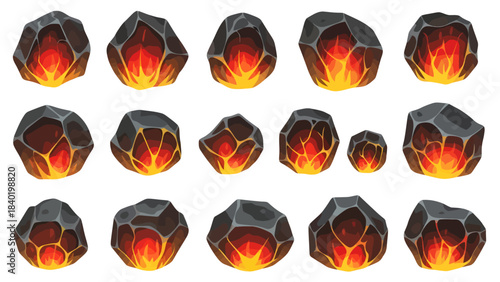 A set of stylized dark grey volcanic rocks with jagged cracks revealing glowing cores of intense yellow and orange molten lava