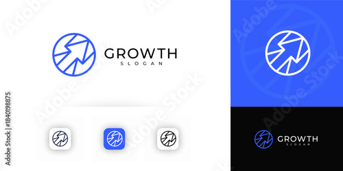 Arrow Up Logo Concept Progress Growth Grow Icon, Blue Circle Line Modern Logotype for Tech Digital Business. Abstract Minimal Forward Arrow Symbol for Investment, Finance, Technology. Vector Logos