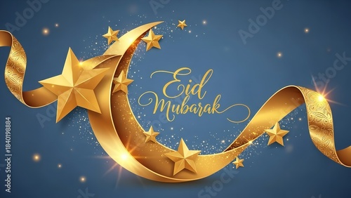 Golden crescent moon and stars adorn a festive ribbon, celebrating Eid Mubarak with shimmering elegance.