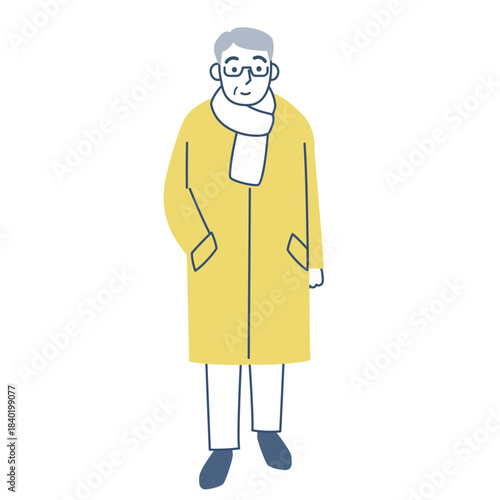 コートを着て歩くシニア男性