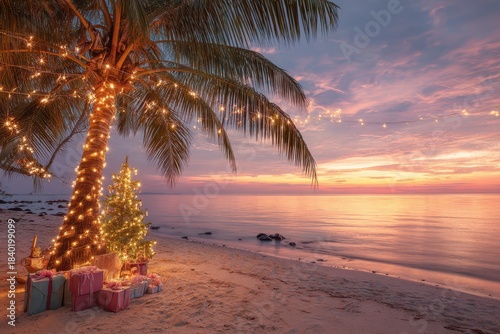 Tropical Christmas Beach with Palm Tree Wrapped in Lights at Sunset and Gifts in the Sand