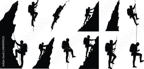 Rock climber silhouettes with gear and ropes, dynamic ascent and rappel poses, adventure sport illustration for outdoor fitness and design
