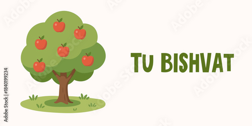 Apple tree illustration celebrating Tu Bishvat nature holiday, vibrant growth scene highlighting Tu Bishvat message and promoting appreciation for trees, land, and renewal.