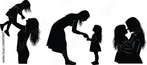 Mother and Daughter Silhouette Set, Family Love, Parent and Child Bonding, Motherhood Concept, Black Vector Illustration