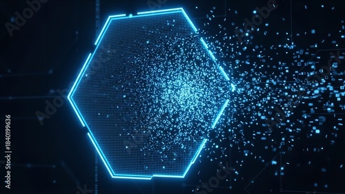 Abstract glowing hexagon dissolving into digital particles against a dark tech background