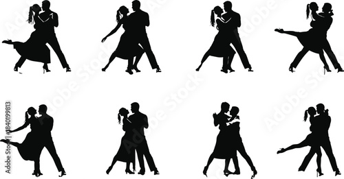 Romantic couple dancing silhouette, man and woman performing ballroom dance, love and passion, graceful movement, elegant romantic illustration art.