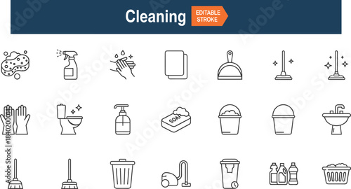 Cleaning Line Icons for Hygiene, Sanitation, Housekeeping Tools, Waste Disposal, Laundry, and Editable Stroke Vector Illustrations