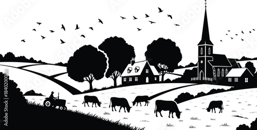 Rural Countryside Landscape Silhouette, Farm Scene with Grazing Cows, Tractor, Village Houses, Church Steeple, Rolling Hills, and Flying Birds VectorRural 