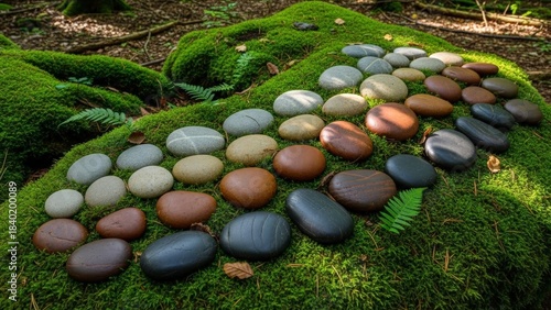 Serene arrangement of smooth stones on mossy forest floor