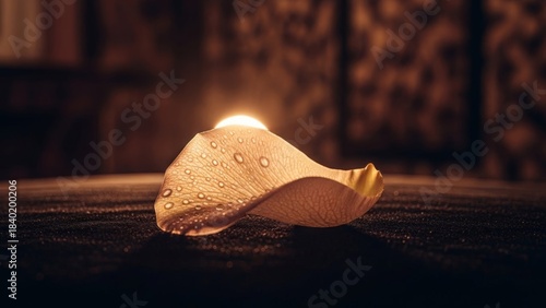 Single Dew-Kissed Rose Petal Illuminated with Soft Light