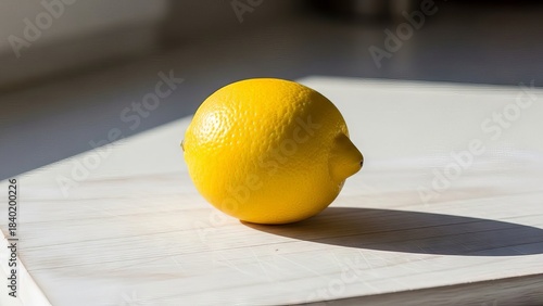 Single bright yellow lemon resting on a textured surface with soft shadows