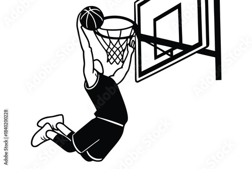 Dynamic silhouette of a basketball player leaping high to slam dunk a ball on a court
