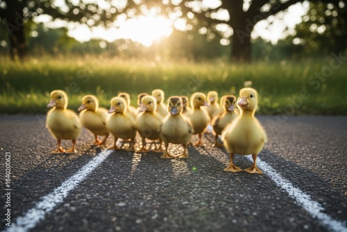 Fototapeta Naklejka Na Ścianę i Meble -  Group of small yellow ducklings walking on asphalt road led by one leader at sunset in park