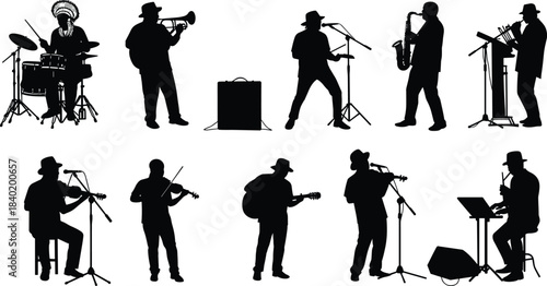 Musician silhouettes with instruments, band performance, live concert, jazz and rock music, cultural expression, entertainment lifestyle, creative art, dynamic stage illustration
