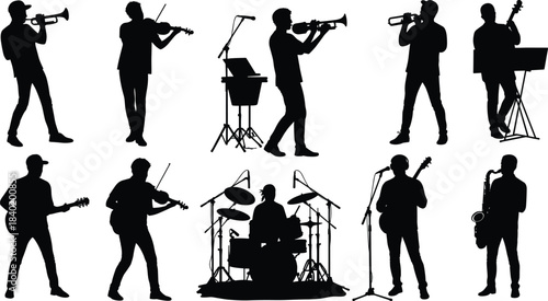Musician silhouettes with instruments, live concert performance, jazz and rock music, cultural expression, entertainment lifestyle, creative art, dynamic stage illustration