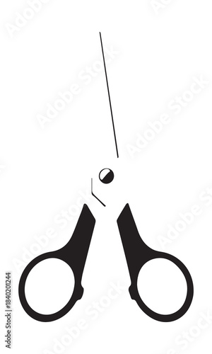 Close up of open scissors with black handles against a white background