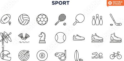 Editable Stroke Sport Icons for Athletics, Outdoor Activities, Fitness Equipment, Team Games, Water Sports, and Competitive Recreation