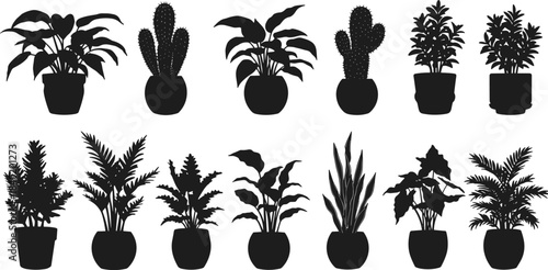 Silhouette collection of potted plants, indoor houseplants variety, botanical illustration, foliage diversity, decorative greenery, plant shapes, natural design elements
