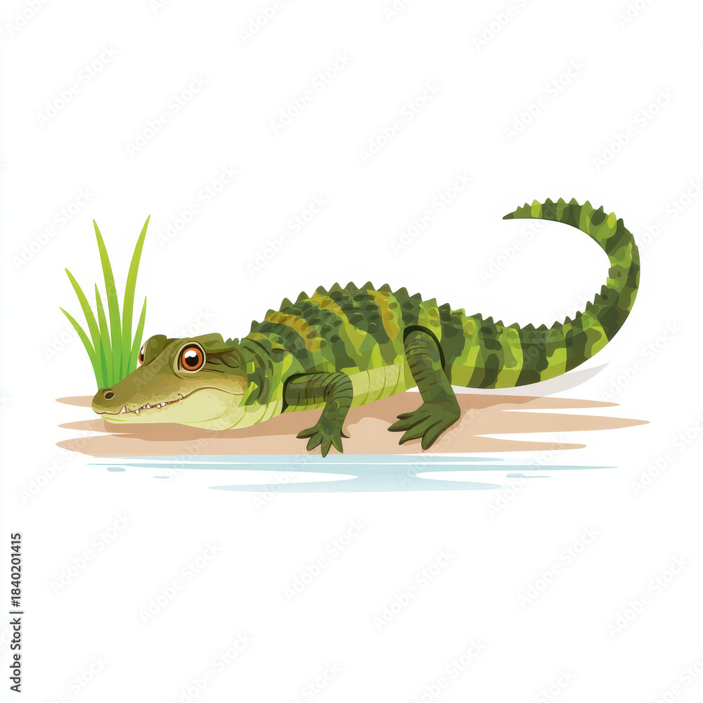 Obraz premium Cartoon crocodile with playful expression is depicted near riverbank, surrounded by grass, showcasing flat design style