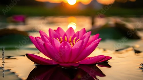 Beautiful Pink Lotus Flower Blooming in Tranquil Water at Sunset.
