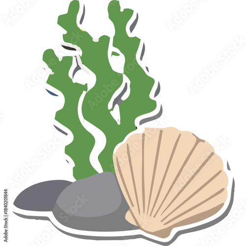 Seashell And Green Seaweed With Rocks On A Black Background Detailed Vector Illustration