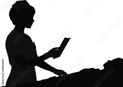 Silhouette of nurse caring for hospital patient, medical treatment, healthcare service, and professional hospital care illustration on white background