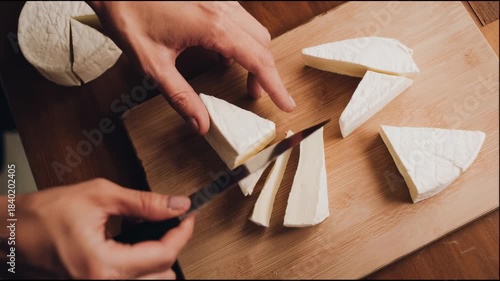 Cheese cutting: A knife divides a wheel of white mold cheese into wedges. Wooden background, preparation for a wine party.