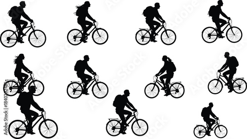 Silhouette of people cycling, outdoor activity, eco transport, urban commute, active lifestyle, exercise, fitness, health, motion, recreation, travel, adventure