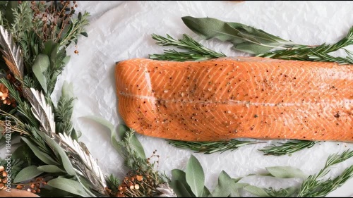 Close-up of hands preparing salmon fillet seasoned with spices and herbs. Rosemary, sage, and pepper. Holiday cooking, overhead view.