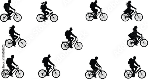 Silhouette of people riding bicycles, active lifestyle, outdoor cycling, eco transport, healthy commuting, fitness, adventure, travel, leisure, recreation, motion, speed