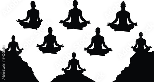 Silhouette of people meditating in lotus pose on mountain, yoga practice, mindfulness, calmness, spiritual balance, relaxation, peace, harmony.