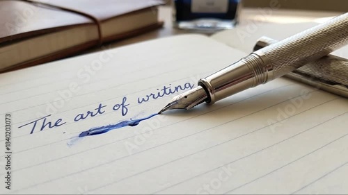 Wallpaper Mural Vintage Fountain Pen Writing 'The Art of Writing' on Lined Paper with Blue Ink Smudge and Inkwell Background, Symbolizing Creativity & Craftsmanship Torontodigital.ca