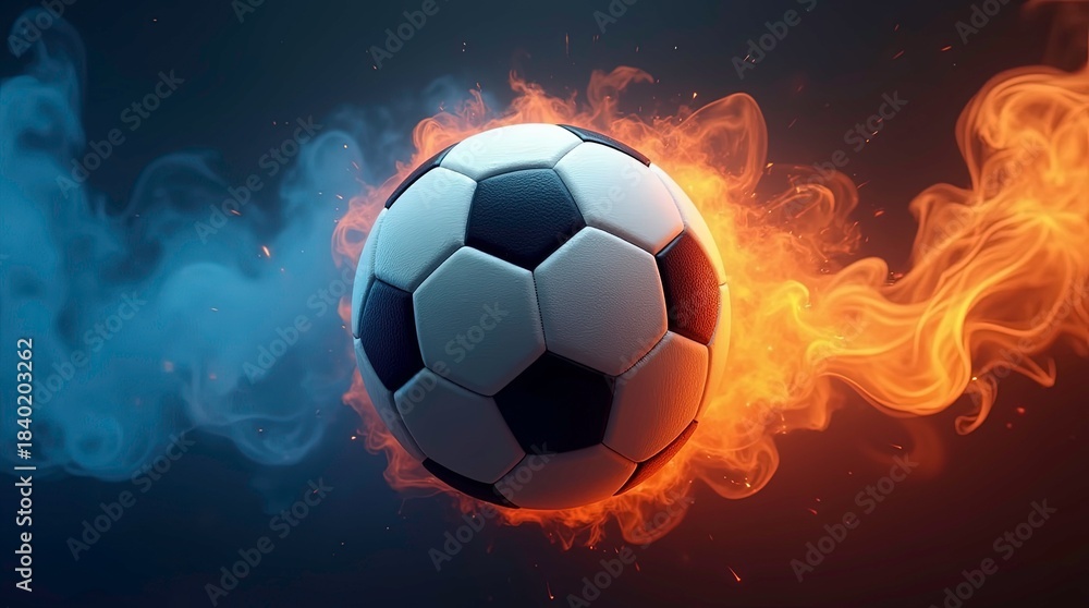 Naklejka premium Vibrant soccer ball centered in a swirl of red and blue smoke, creating a dynamic and energetic atmosphere.